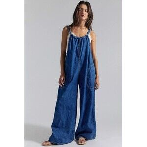 Free People We The Free Freebird Jumpsuit Dress Wide Leg Cotton Denim S 289250